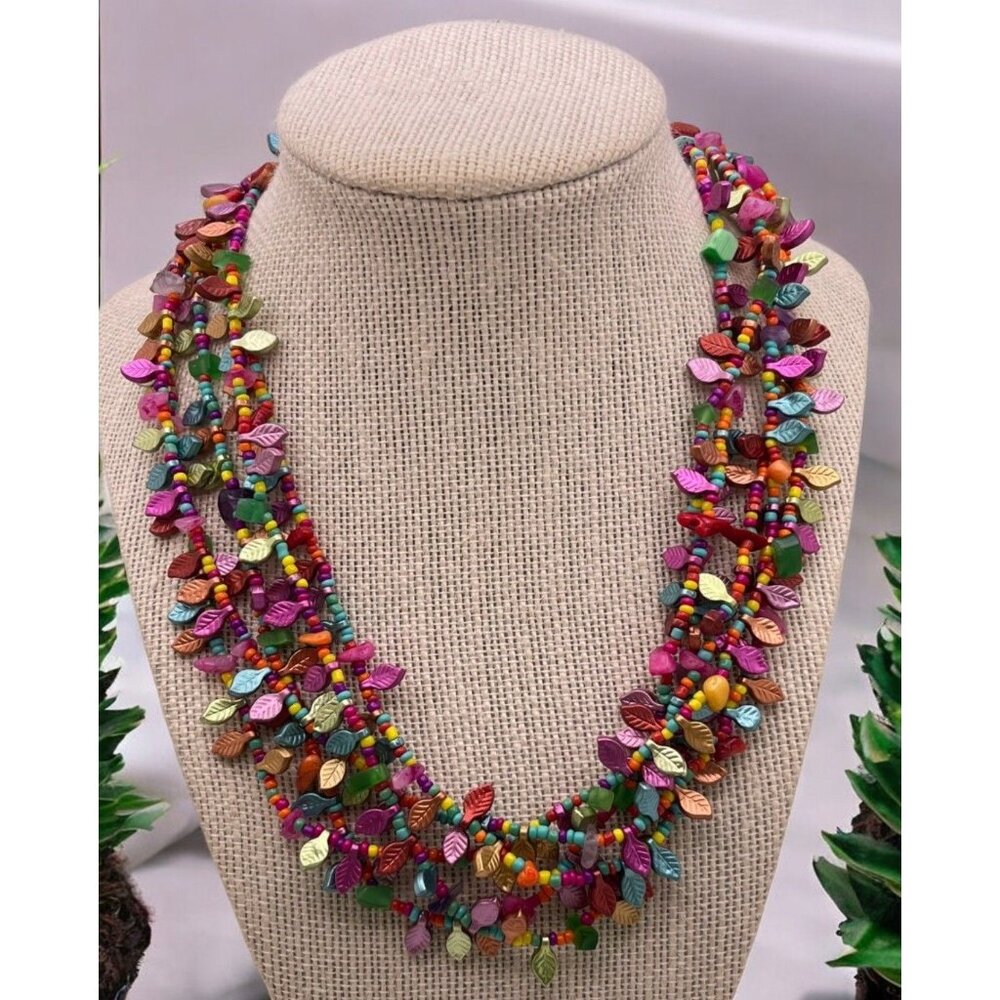 Boho Multi Strand Leaf Beaded Statement Necklace Retro 90s Vibrant Colorful - Picture 8 of 8